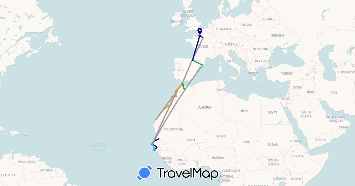 TravelMap itinerary: driving, bus, plane, train, boat, hitchhiking in Spain, France, Gambia, Morocco, Senegal (Africa, Europe)